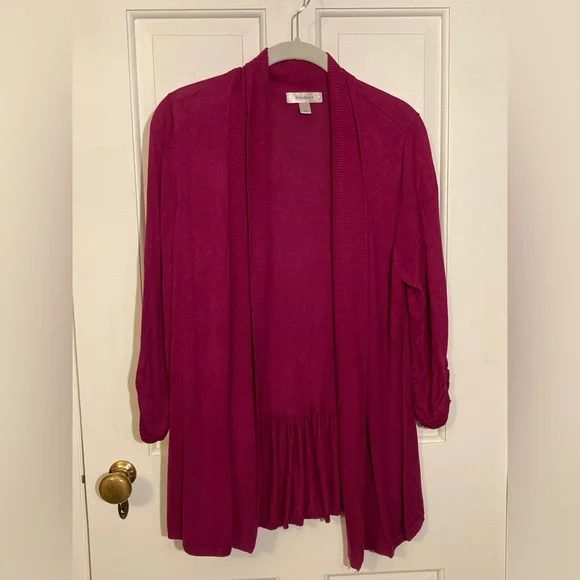 Dress Barn Purple Fuchsia Sweater Jacket Cardigan Peplum Woman’s Large Ruched - Picture 1 of 8